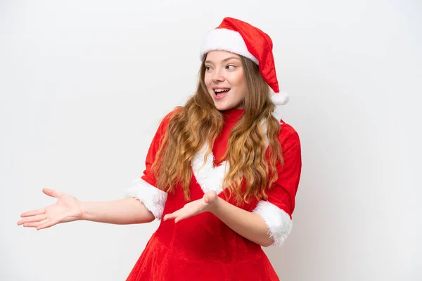 Jeune Femme Caucasienne Avec Robe Noël Isolée Sur Fond Blanc — Photo