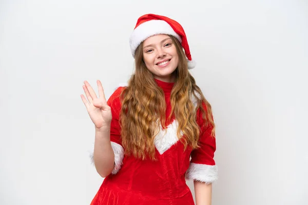 Молода Жінка Різдвяним Одягом Ізольована Білому Фоні Щаслива Рахуючи Чотири — стокове фото