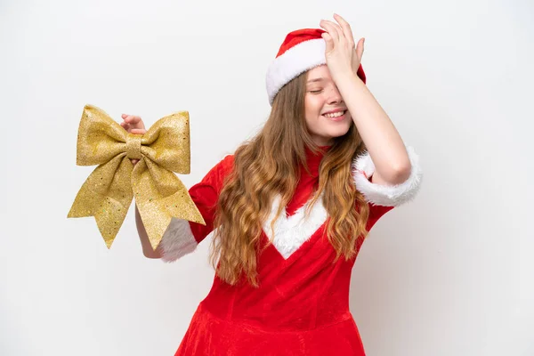 Jeune Femme Caucasienne Avec Robe Noël Tenant Arc Noël Isolé — Photo