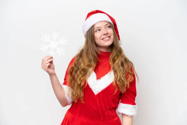 Joven Mujer Caucásica Con Vestido Navidad Sosteniendo Copo Nieve Aislado —  Fotos de Stock