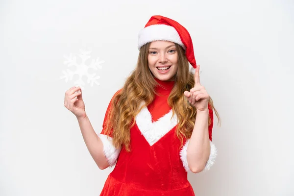 Jovem Caucasiana Com Vestido Natal Segurando Floco Neve Isolado Fundo — Fotografia de Stock