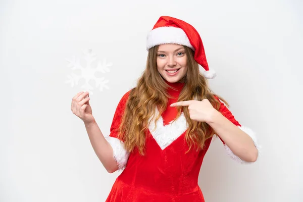 Jovem Caucasiana Com Vestido Natal Segurando Floco Neve Isolado Fundo — Fotografia de Stock