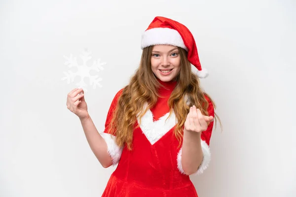 Ung Kaukasisk Kvinna Med Julklänning Håller Snöflinga Isolerad Vit Bakgrund — Stockfoto