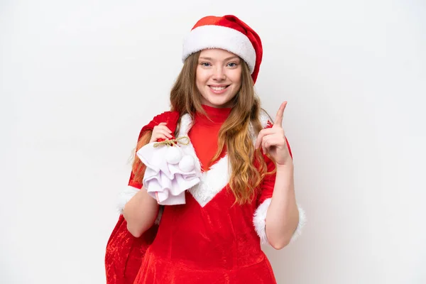 Jovem Caucasiana Com Vestido Natal Segurando Saco Natal Isolado Fundo — Fotografia de Stock