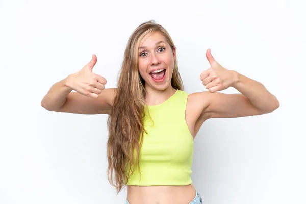 Mujer Caucásica Joven Aislada Sobre Fondo Blanco Dando Gesto Pulgar — Foto de Stock