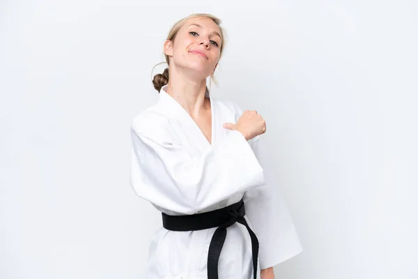 Young Caucasian Woman Doing Karate Isolated White Background Proud Self — Stock Photo, Image