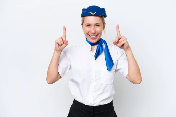Flugzeug Blonde Stewardess Frau Isoliert Auf Weißem Hintergrund Zeigt Auf — Stockfoto
