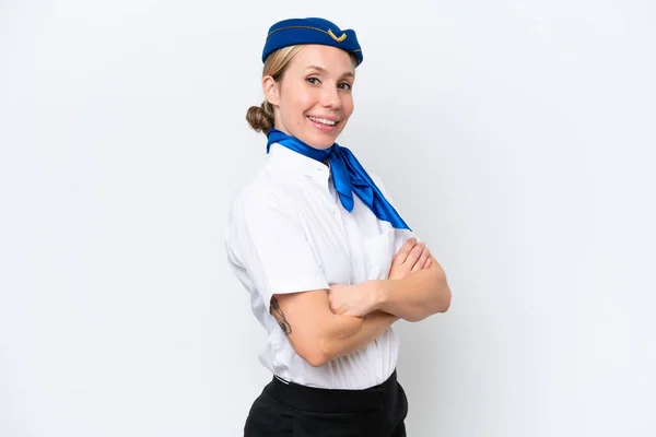 Flugzeug Blonde Stewardess Frau Isoliert Auf Weißem Hintergrund Mit Verschränkten — Stockfoto