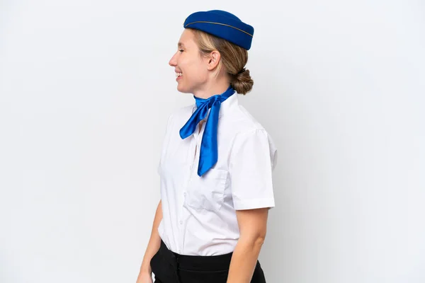 Avión Mujer Azafata Rubia Aislada Sobre Fondo Blanco Riendo Posición —  Fotos de Stock