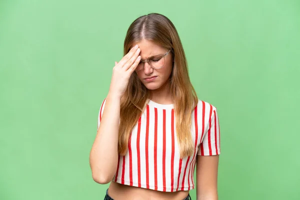 Junge Schöne Frau Über Isolierten Hintergrund Mit Kopfschmerzen — Stockfoto