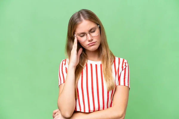 Junge Schöne Frau Über Isolierten Hintergrund Mit Kopfschmerzen — Stockfoto