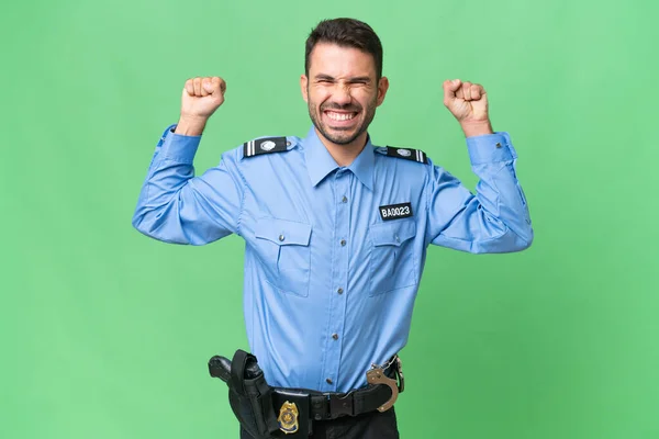 Junger Polizeikaukasier Mit Isoliertem Hintergrund Macht Starke Geste — Stockfoto