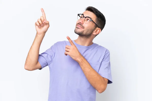 Young Caucasian Man Isolated White Background Pointing Index Finger Great — Stock Fotó