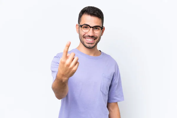 Junger Kaukasischer Mann Isoliert Auf Weißem Hintergrund Macht Kommende Geste — Stockfoto