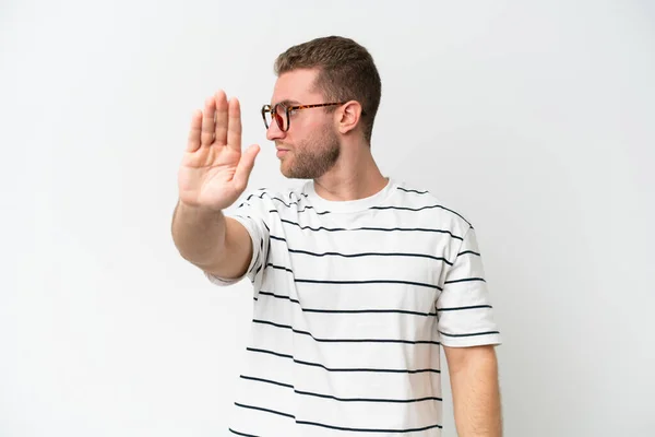 Jonge Knappe Blanke Man Geïsoleerd Witte Achtergrond Maken Stop Gebaar — Stockfoto