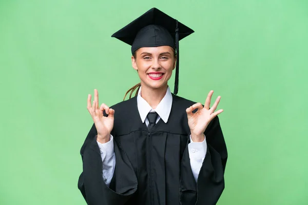 Jonge Universiteit Afgestudeerde Blanke Vrouw Geïsoleerde Achtergrond Tonen Een Teken — Stockfoto