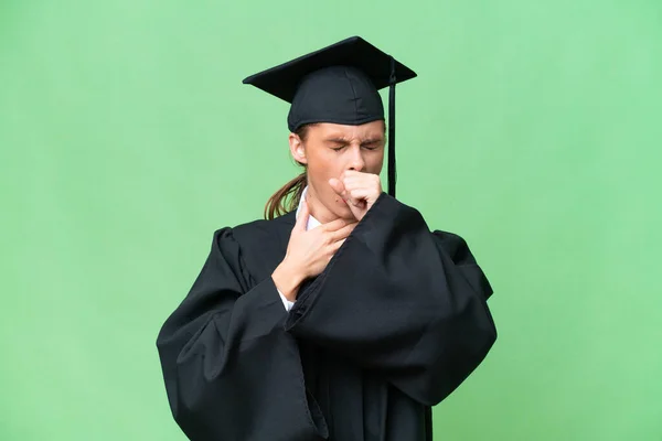 Joven Universidad Graduado Caucásico Mujer Sobre Aislado Fondo Está Sufriendo —  Fotos de Stock