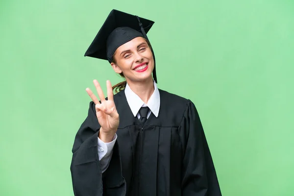Junge Universitätsabsolventin Über Isolierten Hintergrund Glücklich Und Zählt Mit Den — Stockfoto