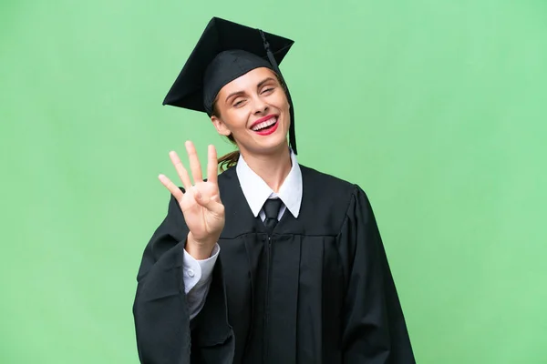 졸업생 코카서스 여성은 행복해 손가락 숫자를 — 스톡 사진