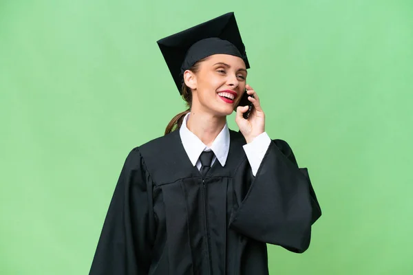 Jovem Universitária Pós Graduação Mulher Caucasiana Sobre Fundo Isolado Mantendo — Fotografia de Stock