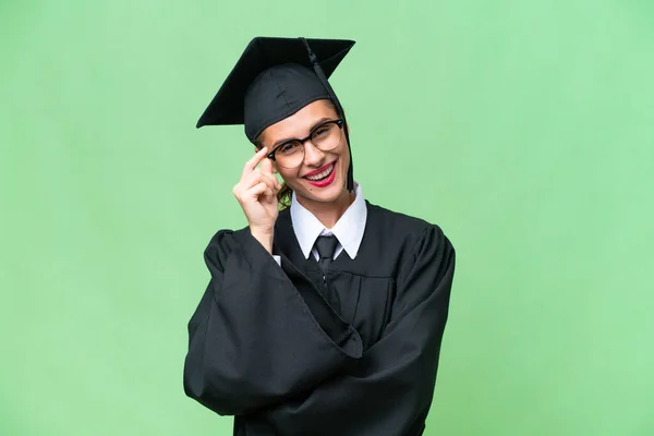 Jonge Universiteit Afgestudeerde Blanke Vrouw Geïsoleerde Achtergrond Met Bril Gelukkig — Stockfoto