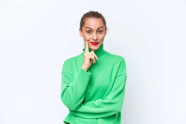 Jonge Blanke Vrouw Geïsoleerd Witte Achtergrond Denken — Stockfoto