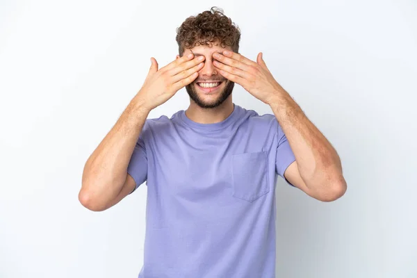 Young Handsome Caucasian Man Isolated White Background Covering Eyes Hands — Stock Photo, Image