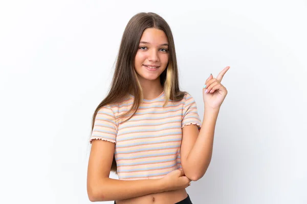 Pequena Menina Caucasiana Isolado Fundo Branco Feliz Apontando Para Cima — Fotografia de Stock