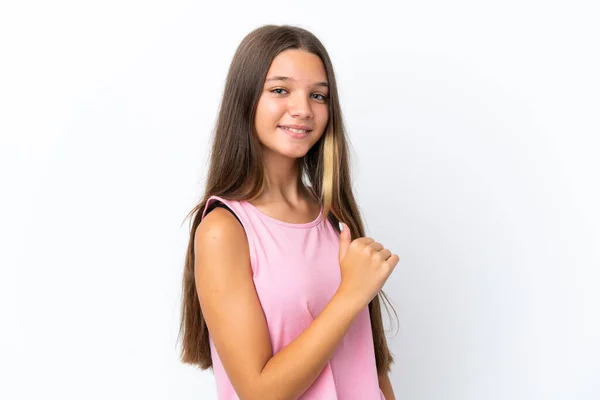 Little Caucasian Girl Isolated White Background Proud Self Satisfied — Stock Photo, Image