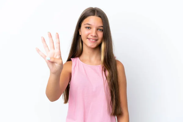 Menina Caucasiana Pouco Isolado Fundo Branco Feliz Contando Quatro Com — Fotografia de Stock