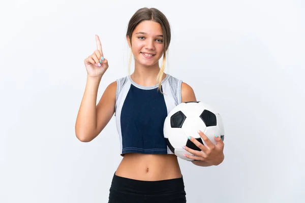 Little Kaukaskie Dziewczyna Gra Piłkę Nożną Odizolowany Białym Tle Wskazując — Zdjęcie stockowe
