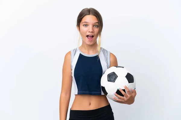 Little Caucasian Girl Playing Football Isolated White Background Surprise Facial — Stock Photo, Image