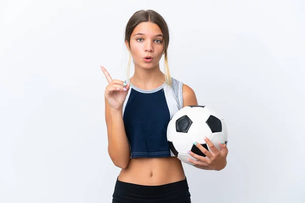 Menina Caucasiana Pouco Jogar Futebol Isolado Fundo Branco Com Intenção — Fotografia de Stock