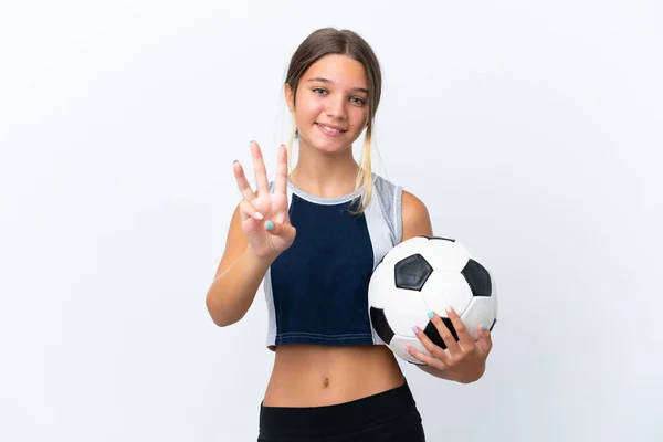Malá Kavkazská Dívka Hraje Fotbal Izolované Bílém Pozadí Šťastný Počítání — Stock fotografie