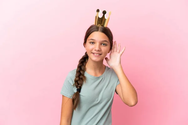 Little Caucasian Princess Girl Isolated Pink Background Listening Something Putting — Stock Photo, Image