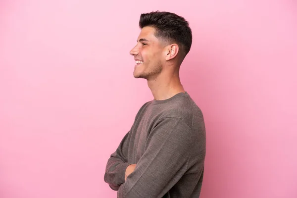 Young Caucasian Man Isolated Pink Background Lateral Position — 图库照片