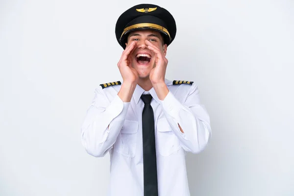 Samolot Biały Pilot Odizolowany Białym Tle Krzyczy Coś Ogłasza — Zdjęcie stockowe