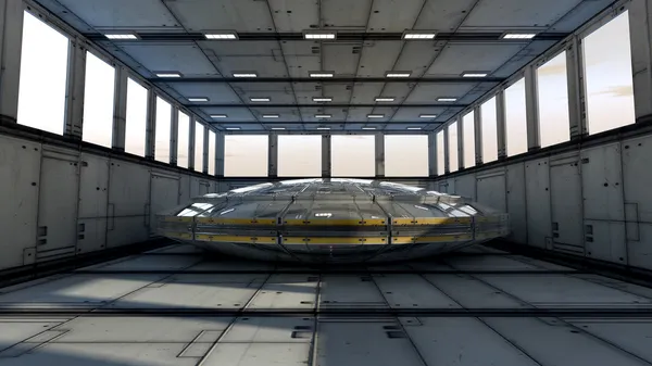 Futuristic corridor and UFO — Stock Photo, Image