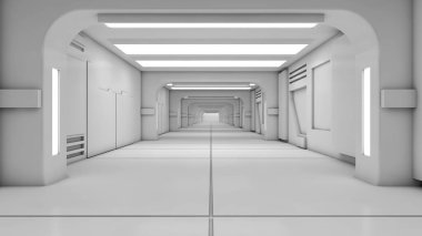 3 boyutlu görüntüleme. Gelecekçi uzay gemisi koridoru iç tasarımı