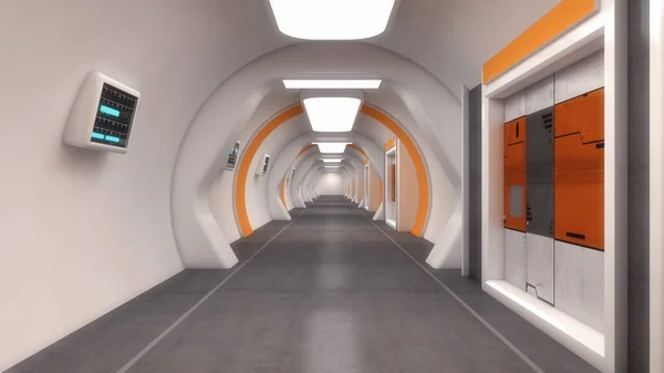 Boyutlu Görüntüleme Gelecekçi Uzay Gemisi Koridoru Tasarımı — Stok fotoğraf