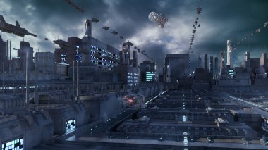 3D görüntüleme. Gelecekçi şehir ve uzay gemileri