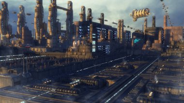 3D görüntüleme. Gelecekçi şehir ve uzay gemileri