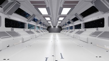 3 boyutlu görüntüleme. Geleceğin koridoru. Modern mimari ve iç mekan hippi tasarımı kavramı. Geleceğin koridoru. Modern mimari ve iç uzay gemisi kavramı