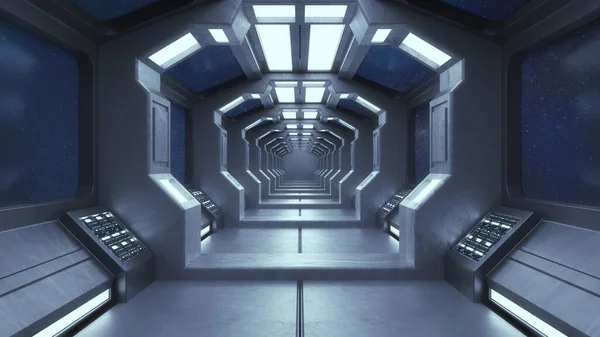 Render Pasillo Futurista Concepto Arquitectura Moderna Nave Espacial Interior3D Render — Foto de Stock