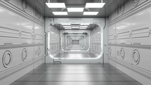 3Dレンダリング 未来的な廊下だ 現代建築とインテリア宇宙船の概念 — ストック写真