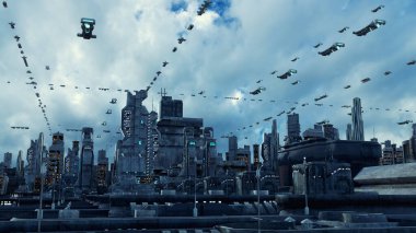 3D görüntüleme. Gelecekçi şehir ve uzay gemileri