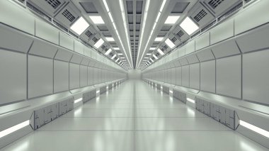 3 boyutlu görüntüleme. Geleceğin koridoru. Modern mimari ve iç uzay gemisi kavramı