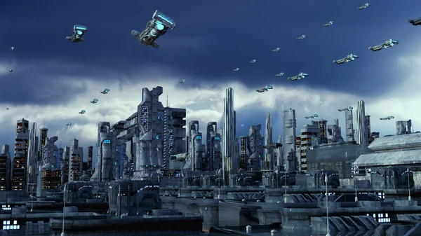 Rendering Futuristic City Spaceships — Stock Photo, Image