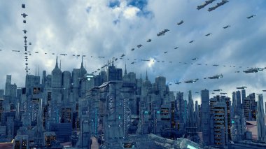 3D görüntüleme. Gelecekçi şehir ve uzay gemileri