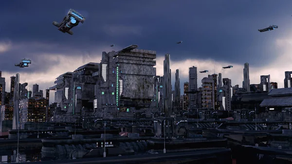 3Dレンダリング 未来都市と宇宙船 — ストック写真